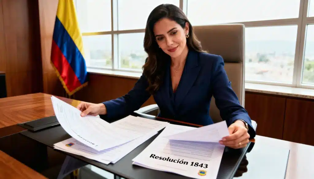 Profesional colombiano revisando Resolución 1843 de 2025 sobre evaluaciones médicas ocupacionales en oficina empresarial