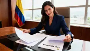 Profesional colombiano revisando Resolución 1843 de 2025 sobre evaluaciones médicas ocupacionales en oficina empresarial