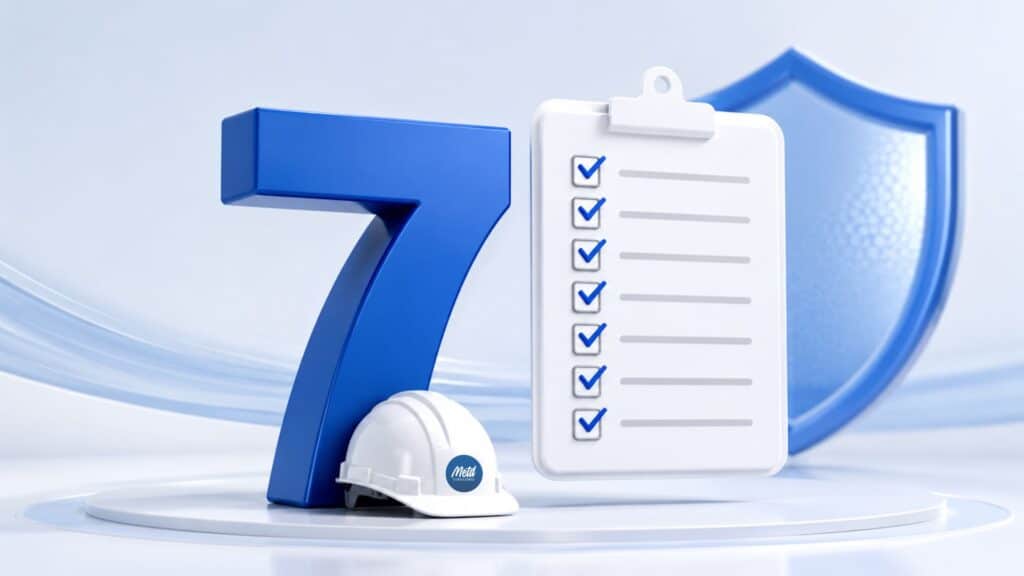 Número 7 con checklist, casco y escudo de protección para representar empresas obligadas a cumplir 7 Estándares Mínimos SG-SST 2026