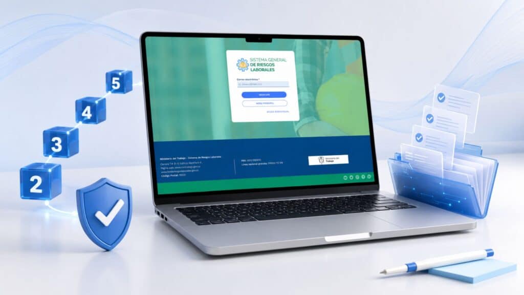 Laptop con plataforma del Fondo de Riesgos Laborales para el reporte de Estándares Mínimos SG-SST 2026
