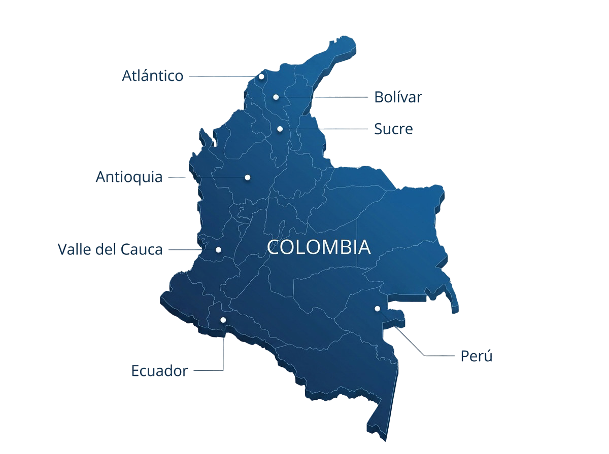 Mapa de cobertura SG-SST de METD Consultores en Colombia con atención en Antioquia, Atlántico, Bolívar, Sucre, Valle del Cauca, Perú y Ecuador