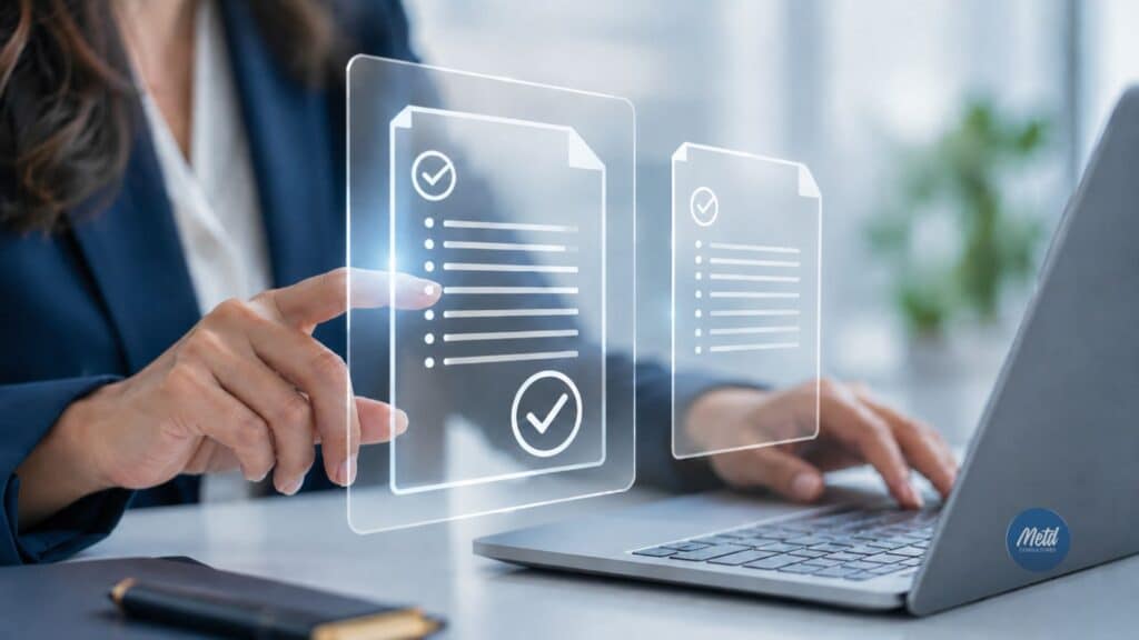 Profesional revisando documentos digitales de cumplimiento relacionados con la Circular 027 de 2026 y el reporte obligatorio de estándares mínimos ante MinTrabajo
