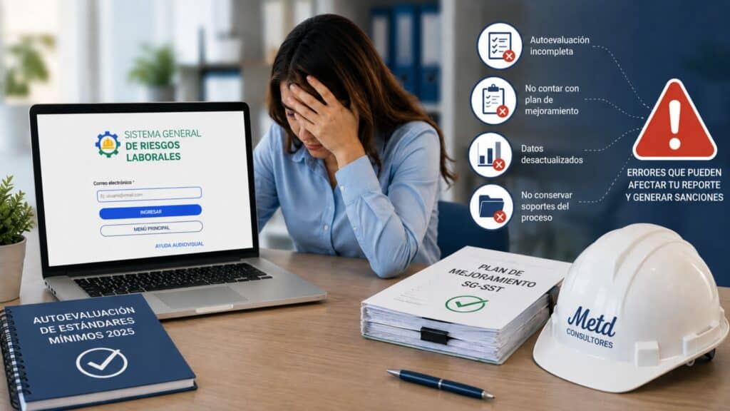 Mujer preocupada revisando la plataforma del Sistema General de Riesgos Laborales con alertas sobre errores frecuentes en el reporte de estándares mínimos ante MinTrabajo.