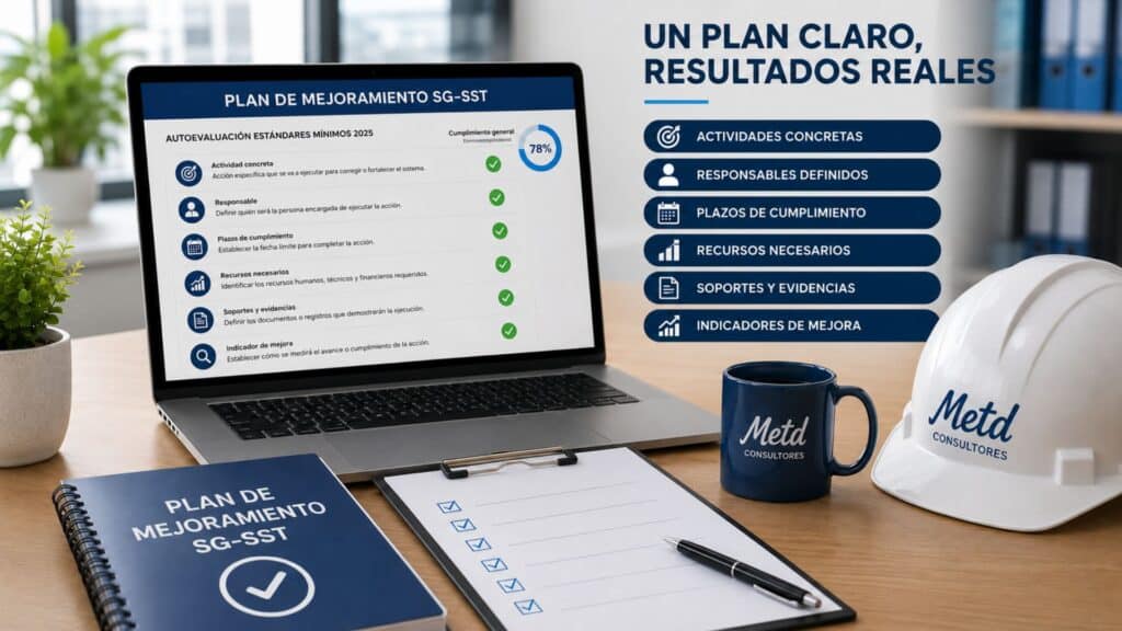 Laptop con plataforma del Fondo de Riesgos Laborales para registrar la autoevaluación 2026, plan de mejoramiento SG-SST, soportes y evidencias del reporte de estándares mínimos ante MinTrabajo.