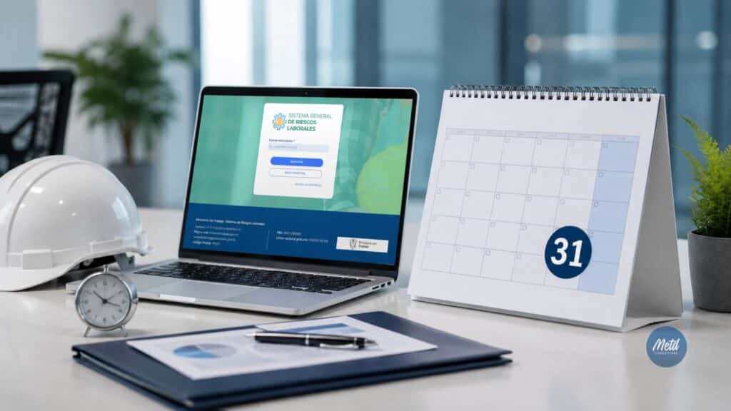 Laptop con plataforma del Sistema General de Riesgos Laborales, calendario con fecha 31, casco de seguridad y documentos SG-SST para representar el plazo del reporte de estándares mínimos ante MinTrabajo.