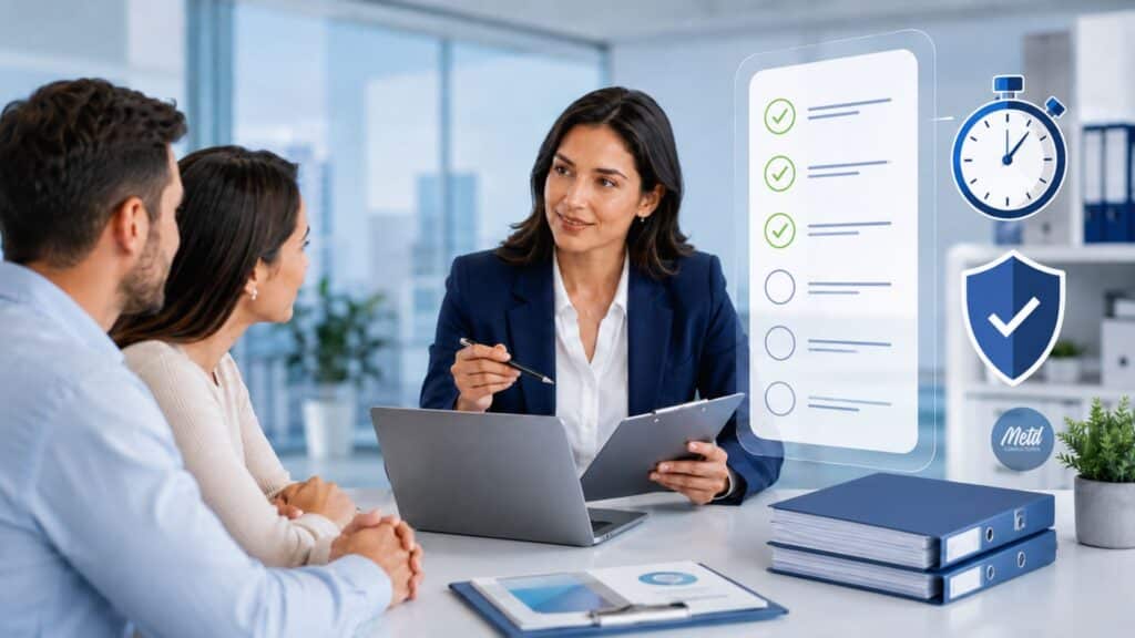 Consultora orientando a una empresa sobre el reporte obligatorio de estándares mínimos ante MinTrabajo con checklist, reloj y documentos SG-SST.