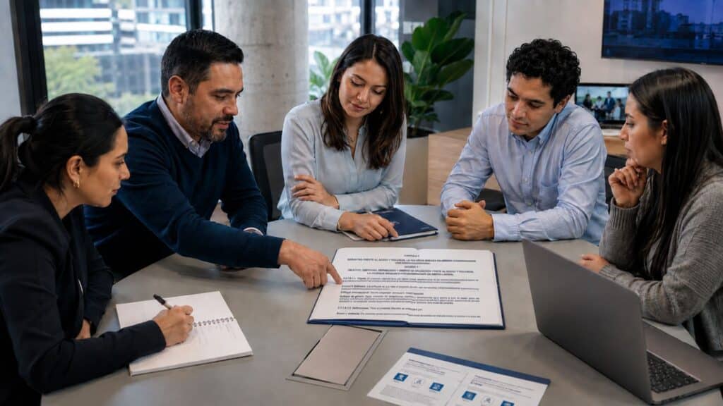Equipo empresarial revisando una política de prevención frente al acoso, la violencia y la discriminación.