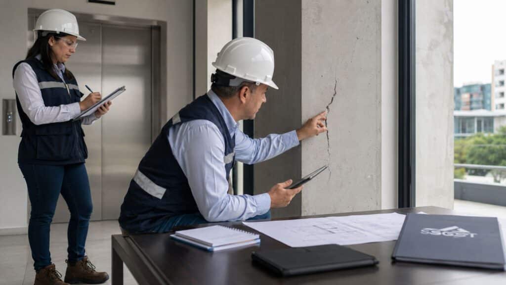 Profesional técnico evaluando una fisura estructural mientras el SG-SST documenta el riesgo