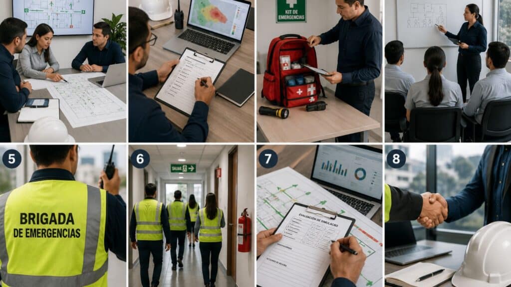 Secuencia visual de ocho pasos para revisar la preparación y respuesta ante emergencias dentro del SG-SST